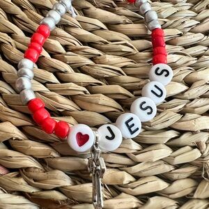 Red and Silver Beaded Bracelet with Heart and Cross Charm